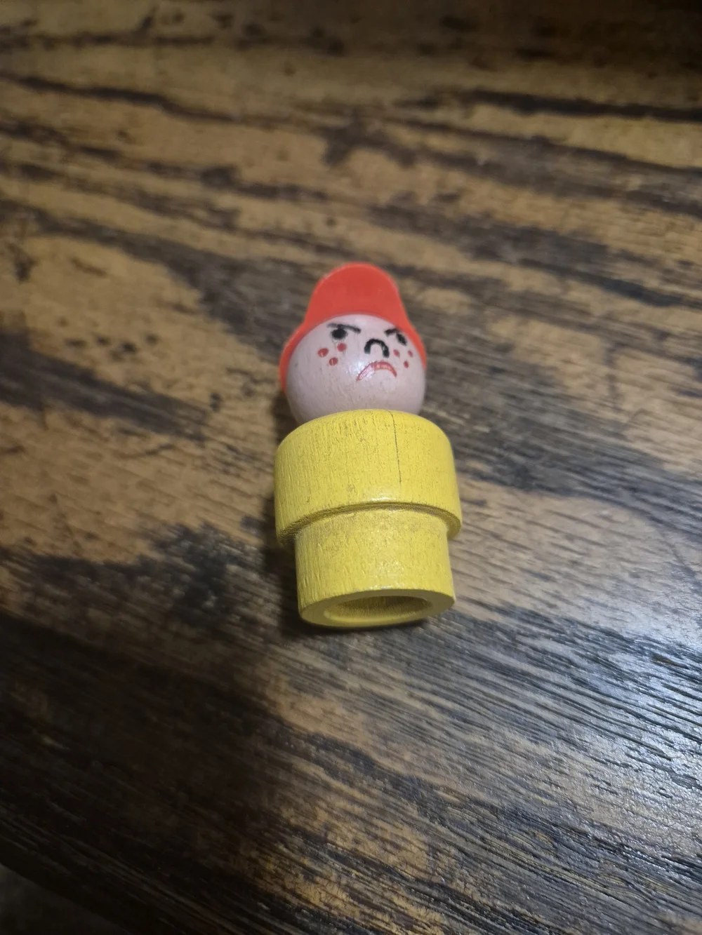 Vintage Fisher-Price Little People Angry Boy Wood Yellow Red Hat